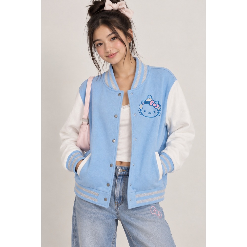 Hello Kitty Sanrio Ski Club Varsity Jacket Light Blue White 2XL Embroidered